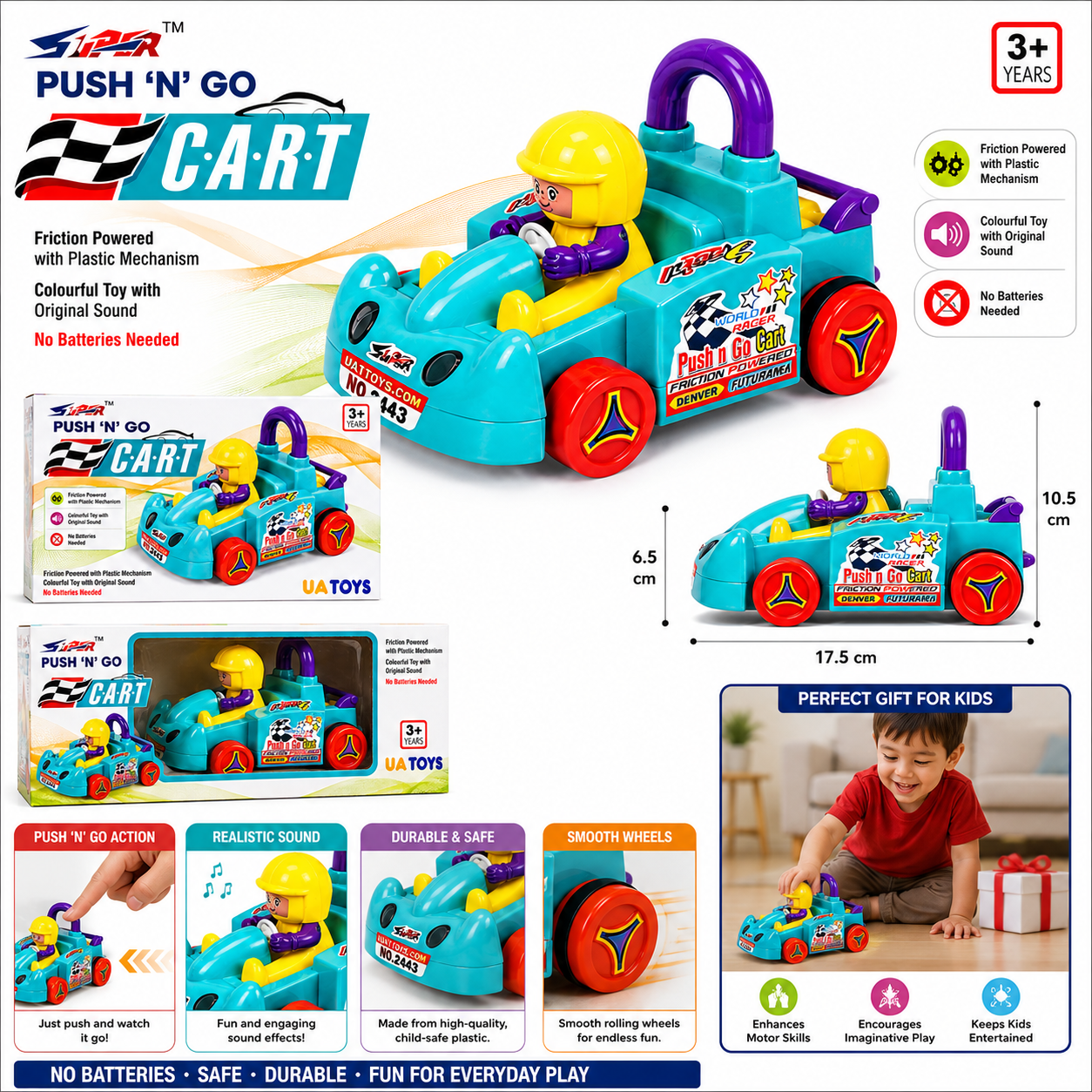 Push & Go Cart Toy | Friction-Powered Toy Cart for Kids (3-Pack)
